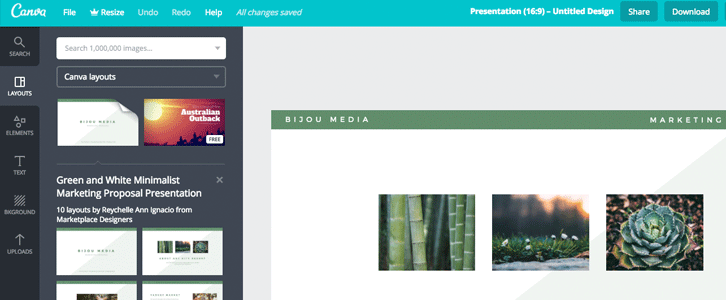 Canva: a simple graphic design app with ready-made templates and design types 